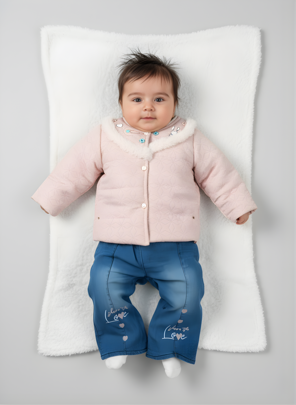 Pink Puffer Jacket and Blue Denim Pants Set