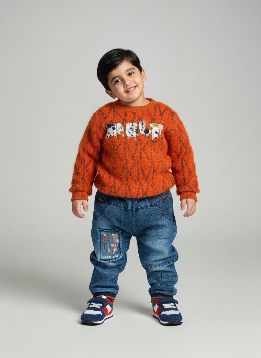 Textured Knit Sweater & Patchwork Denim Set