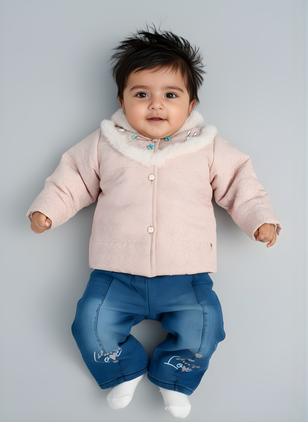 Pink Puffer Jacket and Blue Denim Pants Set