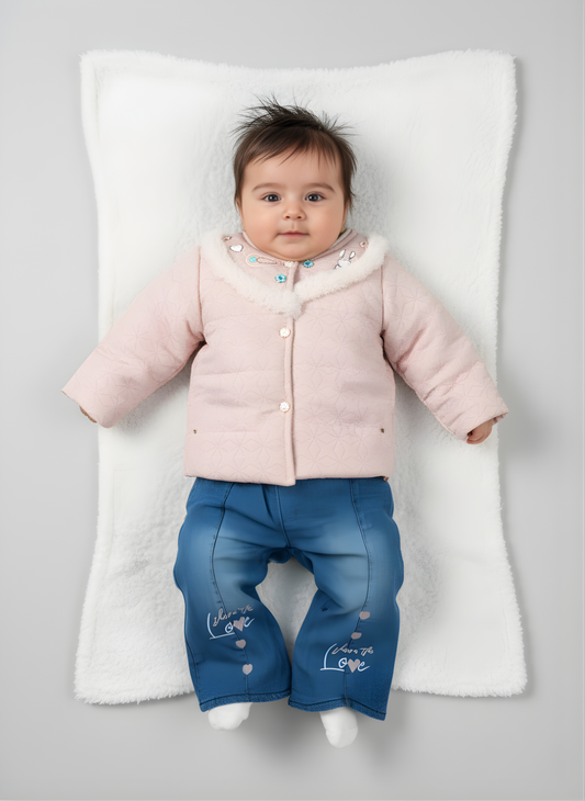 Pink Puffer Jacket and Blue Denim Pants Set