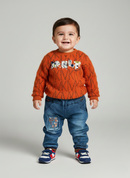 Textured Knit Sweater & Patchwork Denim Set