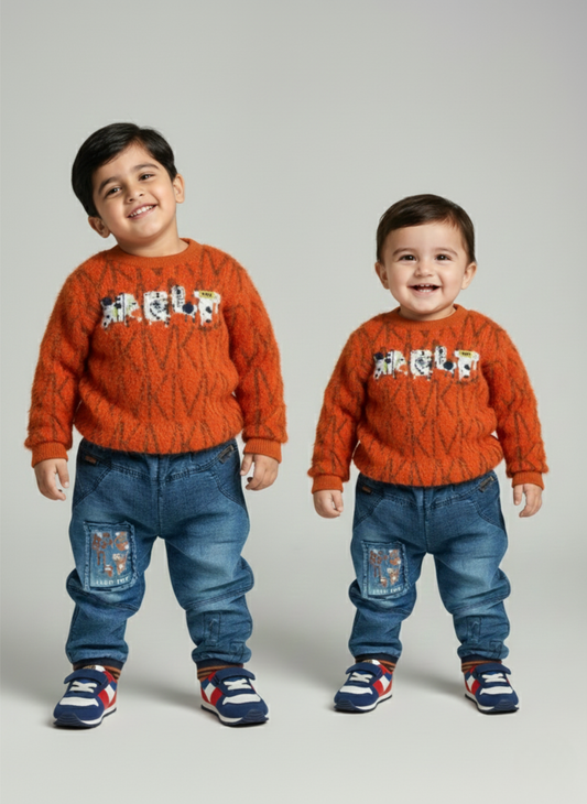 Textured Knit Sweater & Patchwork Denim Set