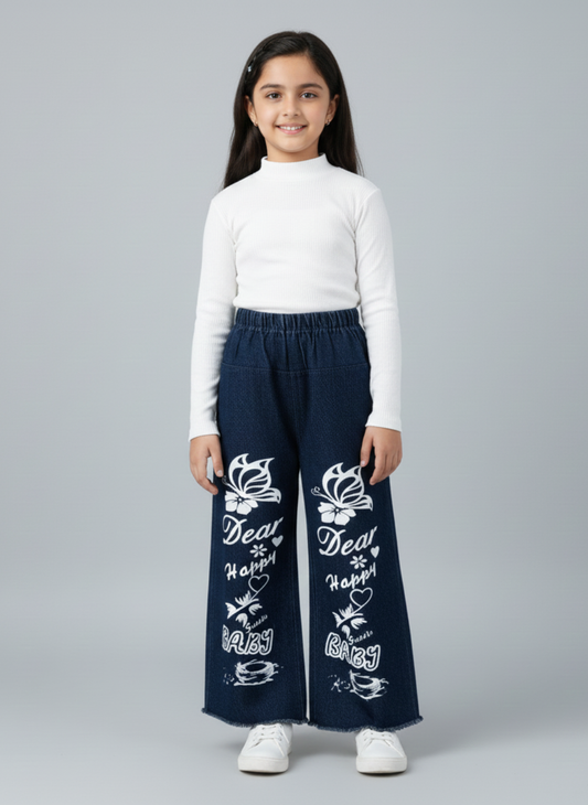 Butterfly Graphic Wide-Leg Denim Pants
